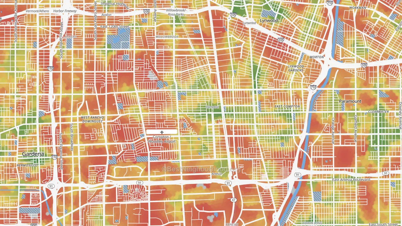 Walk Grade map of Compton, CA, walkable areas in green and car-dependent areas in red