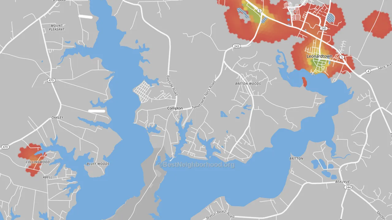 Walk Grade map of Compton, MD, walkable areas in green and car-dependent areas in red