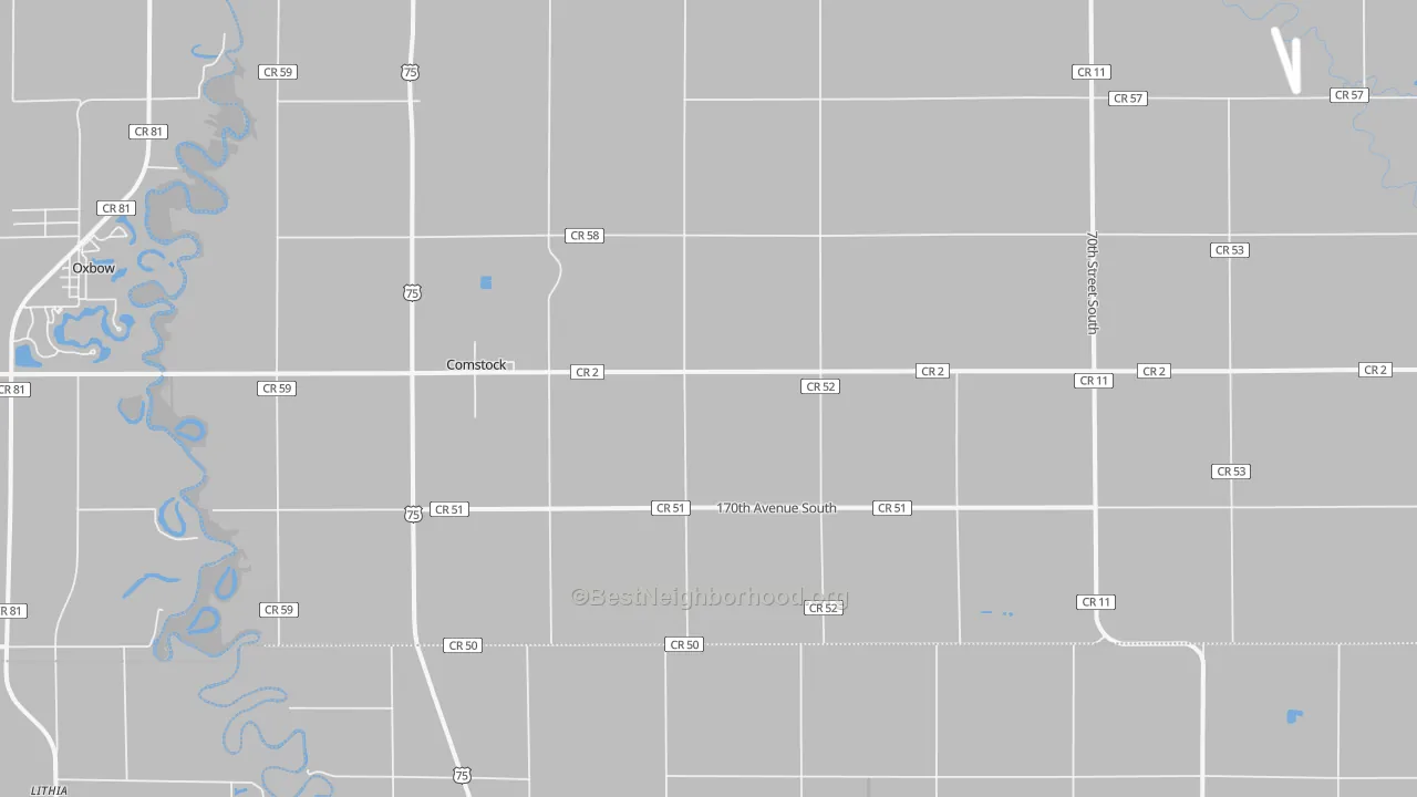 Walk Grade map of Comstock, MN, walkable areas in green and car-dependent areas in red