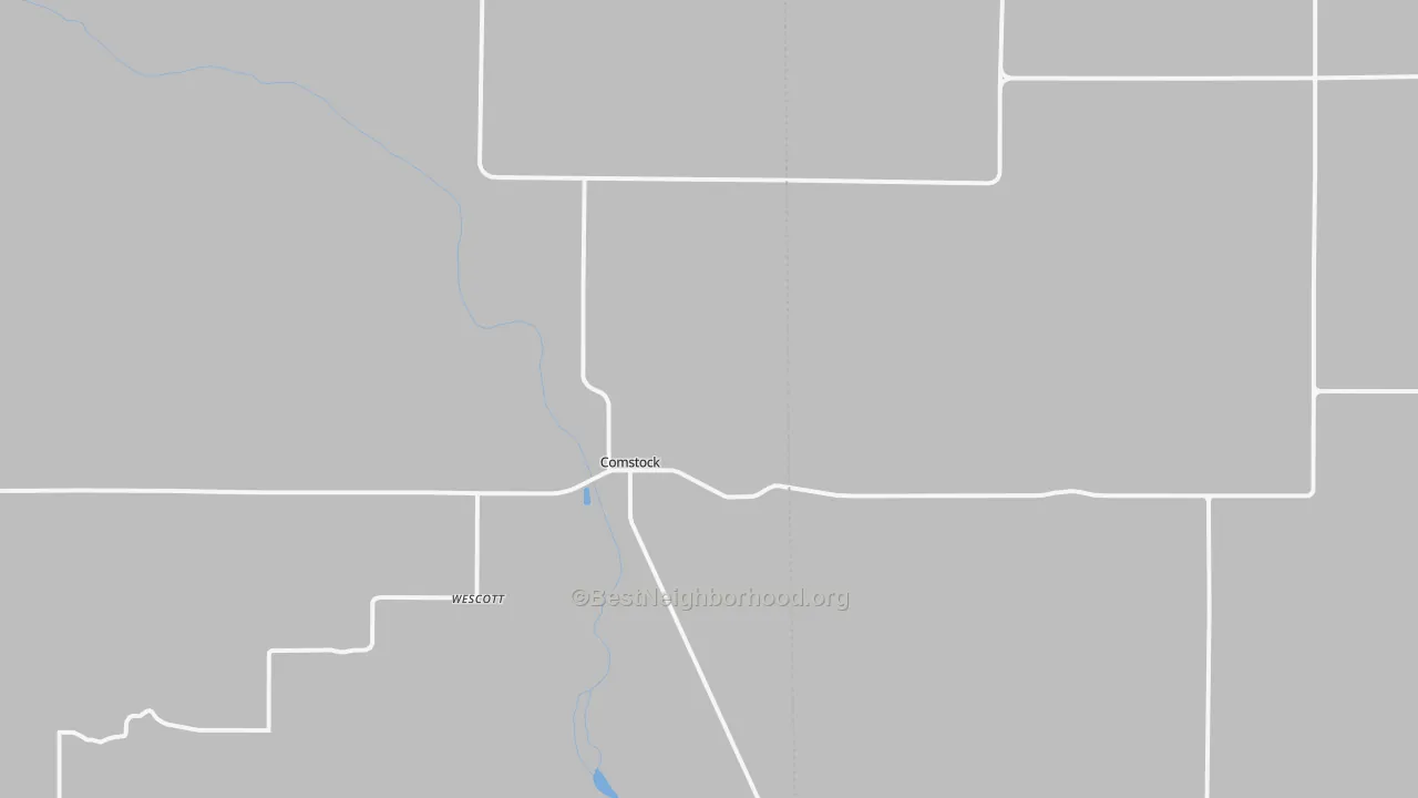 Walk Grade map of Comstock, NE, walkable areas in green and car-dependent areas in red