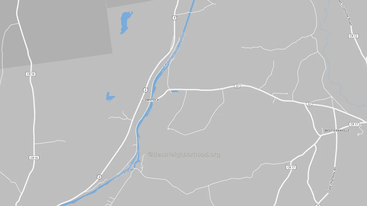 Walk Grade map of Comstock, NY, walkable areas in green and car-dependent areas in red