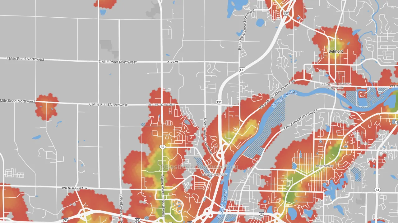 Walk Grade map of Comstock Park, MI, walkable areas in green and car-dependent areas in red