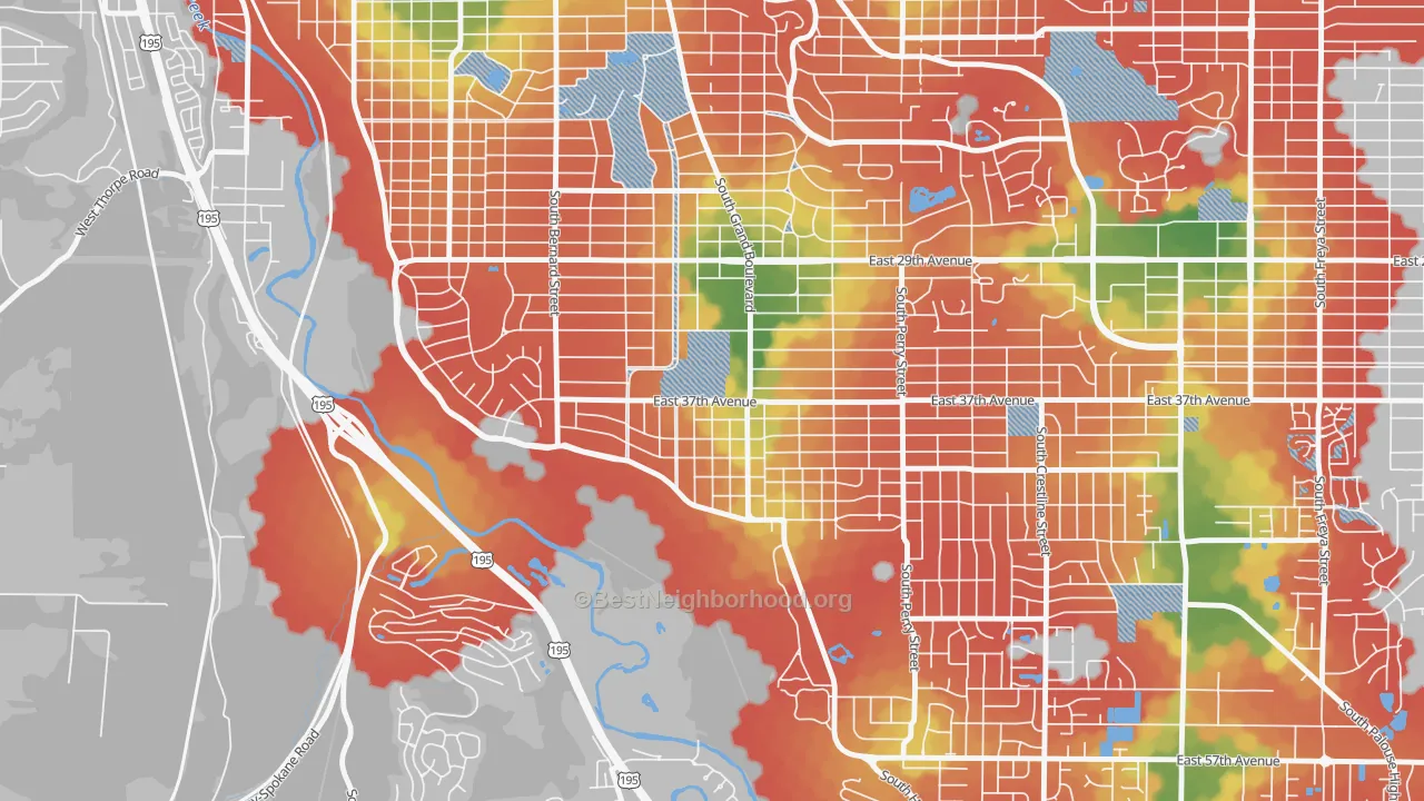 Walk Grade map of Comstock, Spokane, WA, walkable areas in green and car-dependent areas in red