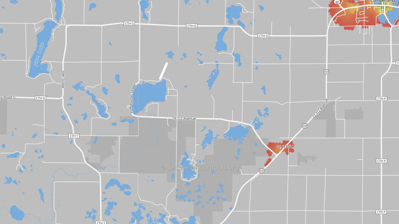 Walk Grade map of Comstock, WI, walkable areas in green and car-dependent areas in red