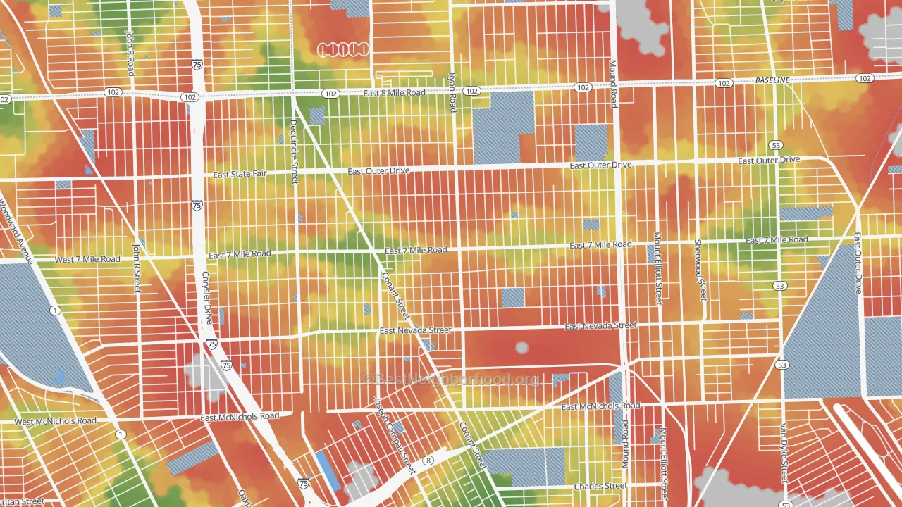 Walk Grade map of Conant Gardens, Detroit, MI, walkable areas in green and car-dependent areas in red