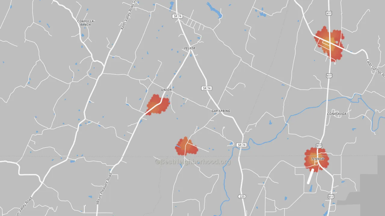 Walk Grade map of Conasauga, TN, walkable areas in green and car-dependent areas in red