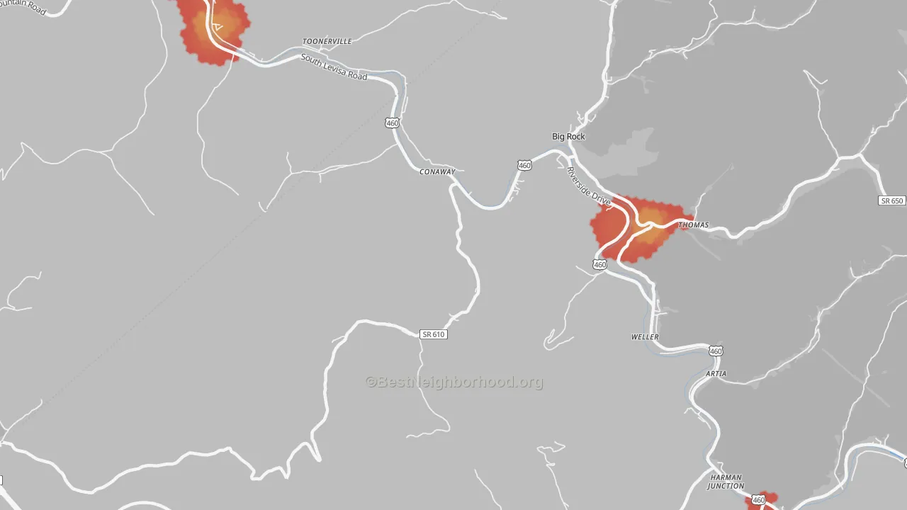 Walk Grade map of Conaway, VA, walkable areas in green and car-dependent areas in red