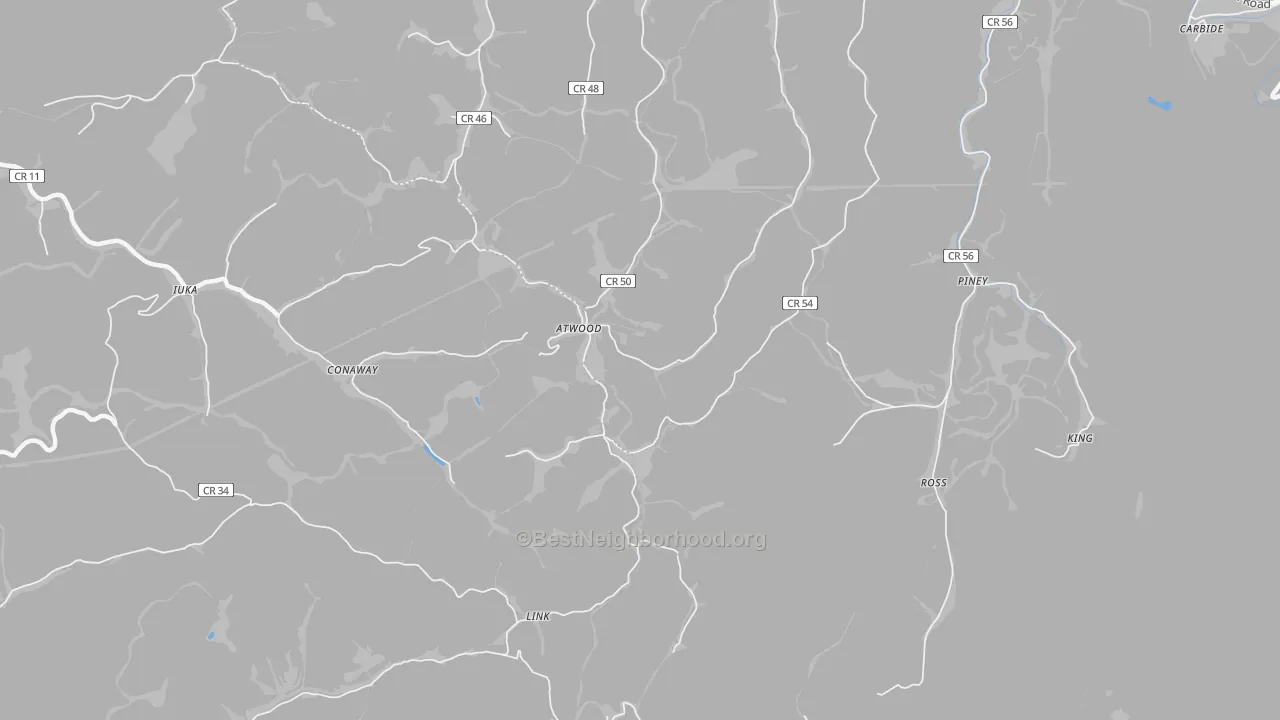Walk Grade map of Conaway, WV, walkable areas in green and car-dependent areas in red