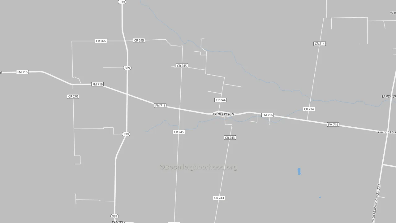 Walk Grade map of Concepcion, TX, walkable areas in green and car-dependent areas in red