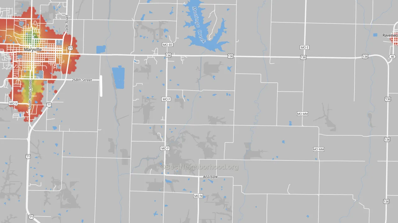Walk Grade map of Conception Junction, MO, walkable areas in green and car-dependent areas in red