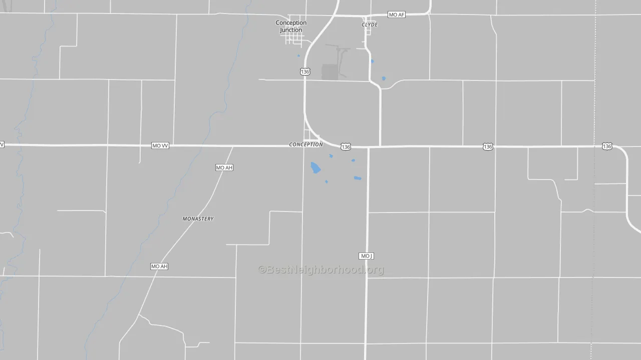 Walk Grade map of Conception, MO, walkable areas in green and car-dependent areas in red