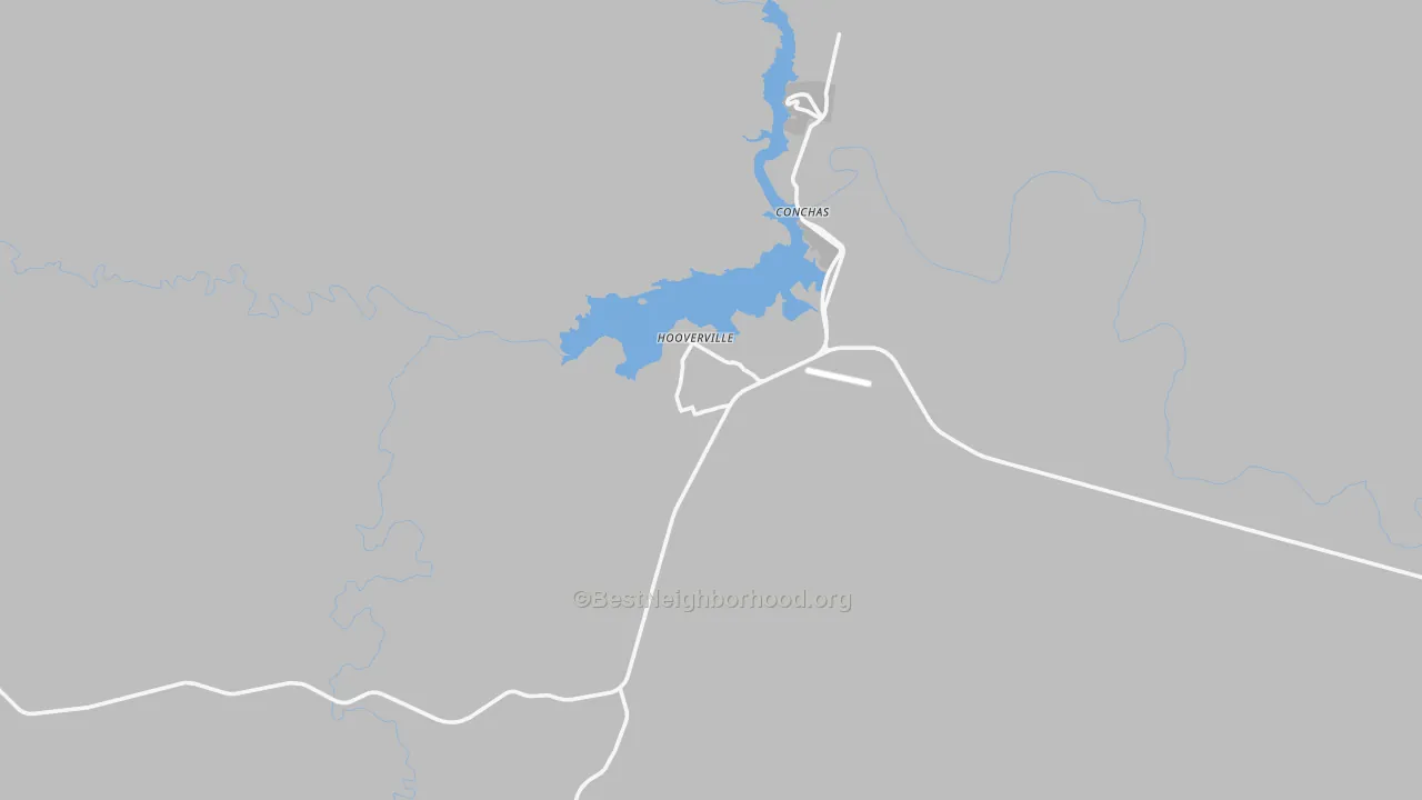 Walk Grade map of Conchas Dam, NM, walkable areas in green and car-dependent areas in red