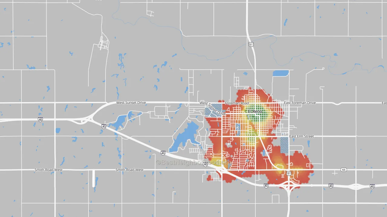 Walk Grade map of Concho, OK, walkable areas in green and car-dependent areas in red