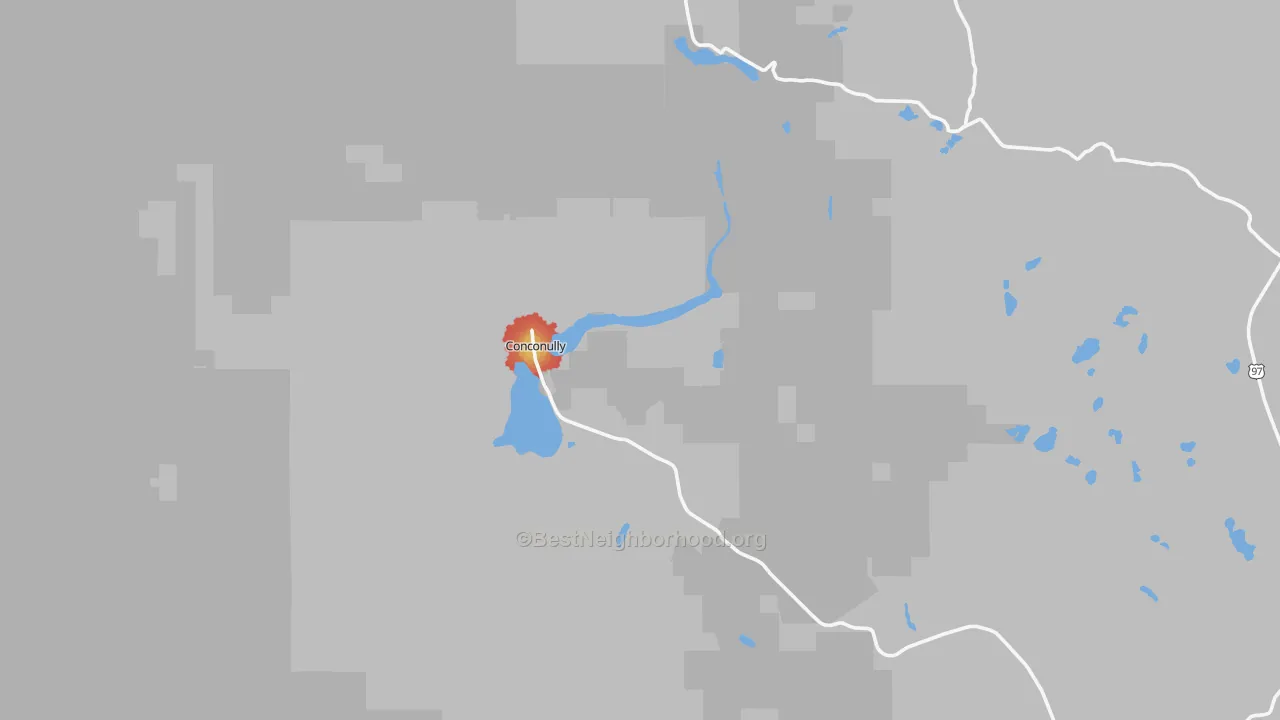 Walk Grade map of Conconully, WA, walkable areas in green and car-dependent areas in red