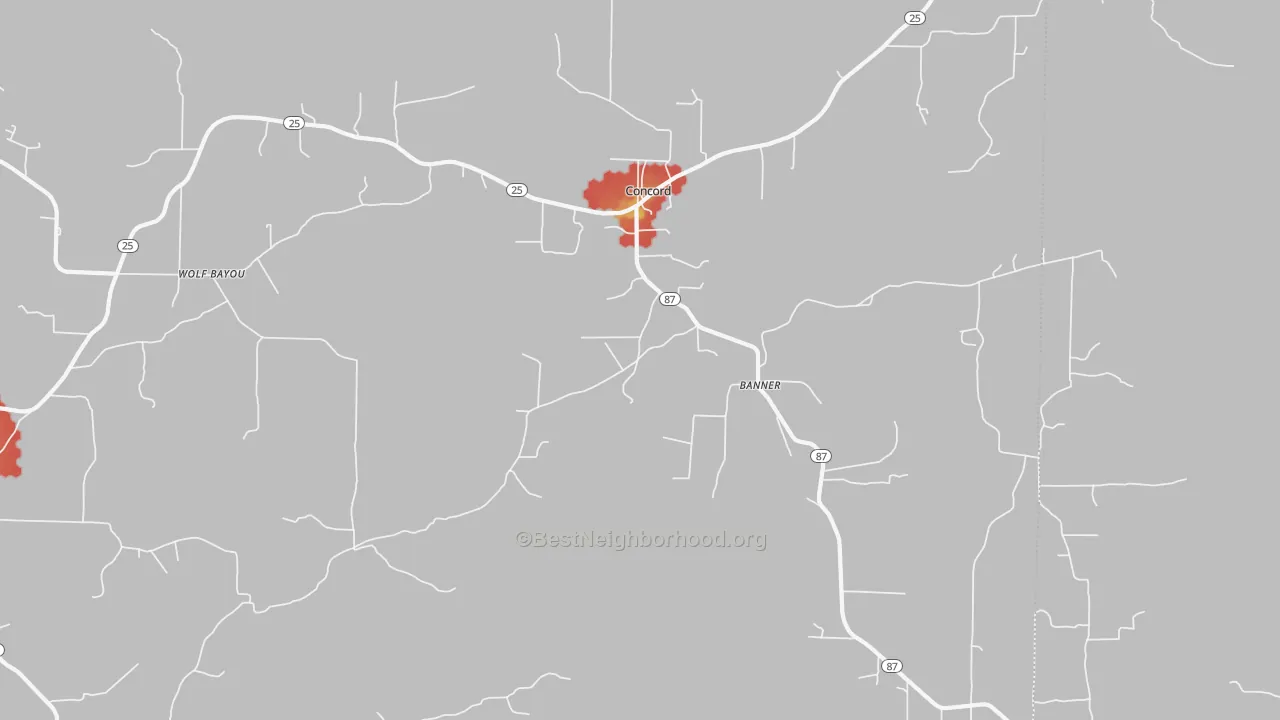 Walk Grade map of Concord, AR, walkable areas in green and car-dependent areas in red