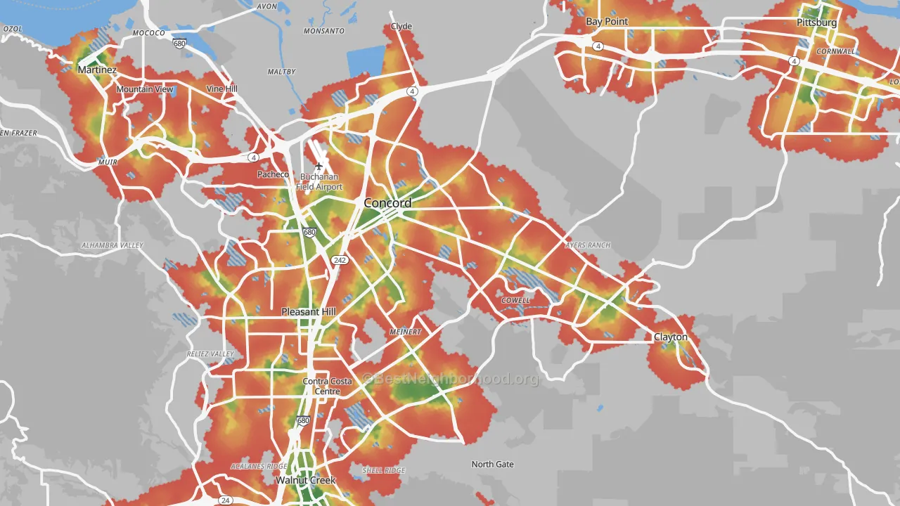 Walk Grade map of Concord, CA, walkable areas in green and car-dependent areas in red