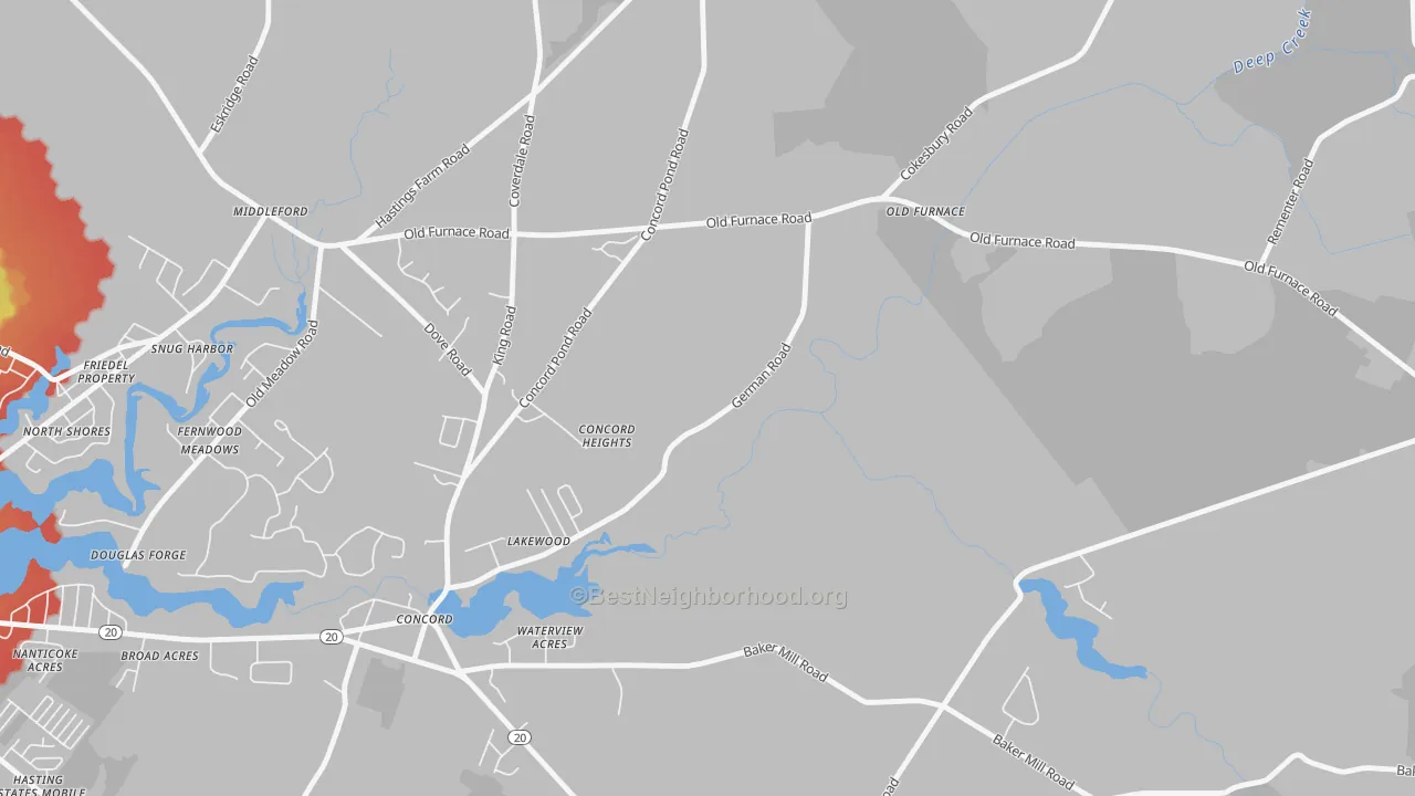 Walk Grade map of Concord, DE, walkable areas in green and car-dependent areas in red