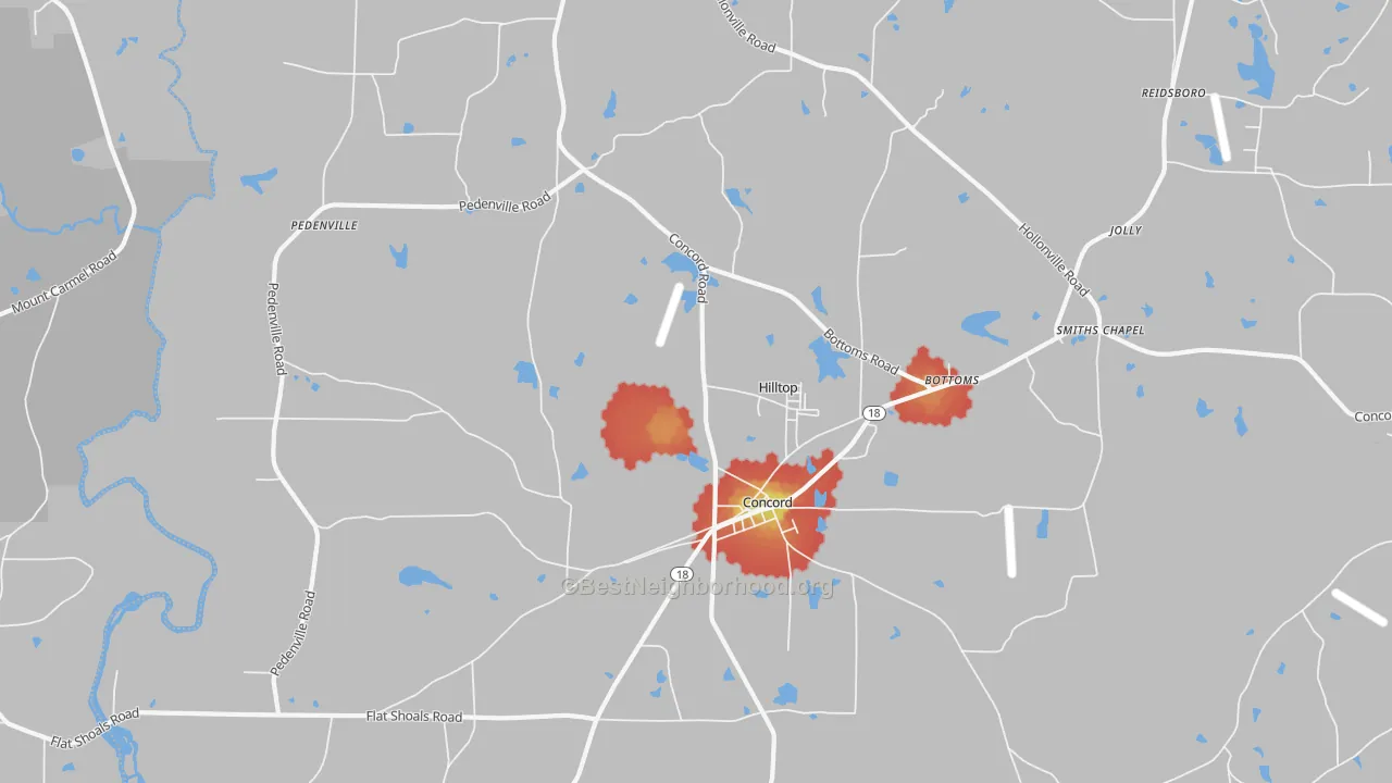 Walk Grade map of Concord, GA, walkable areas in green and car-dependent areas in red