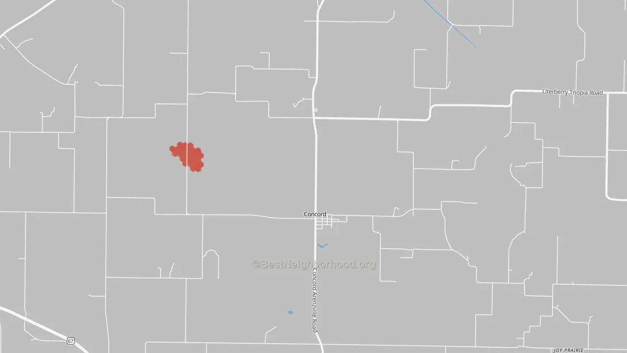 Walk Grade map of Concord, IL, walkable areas in green and car-dependent areas in red