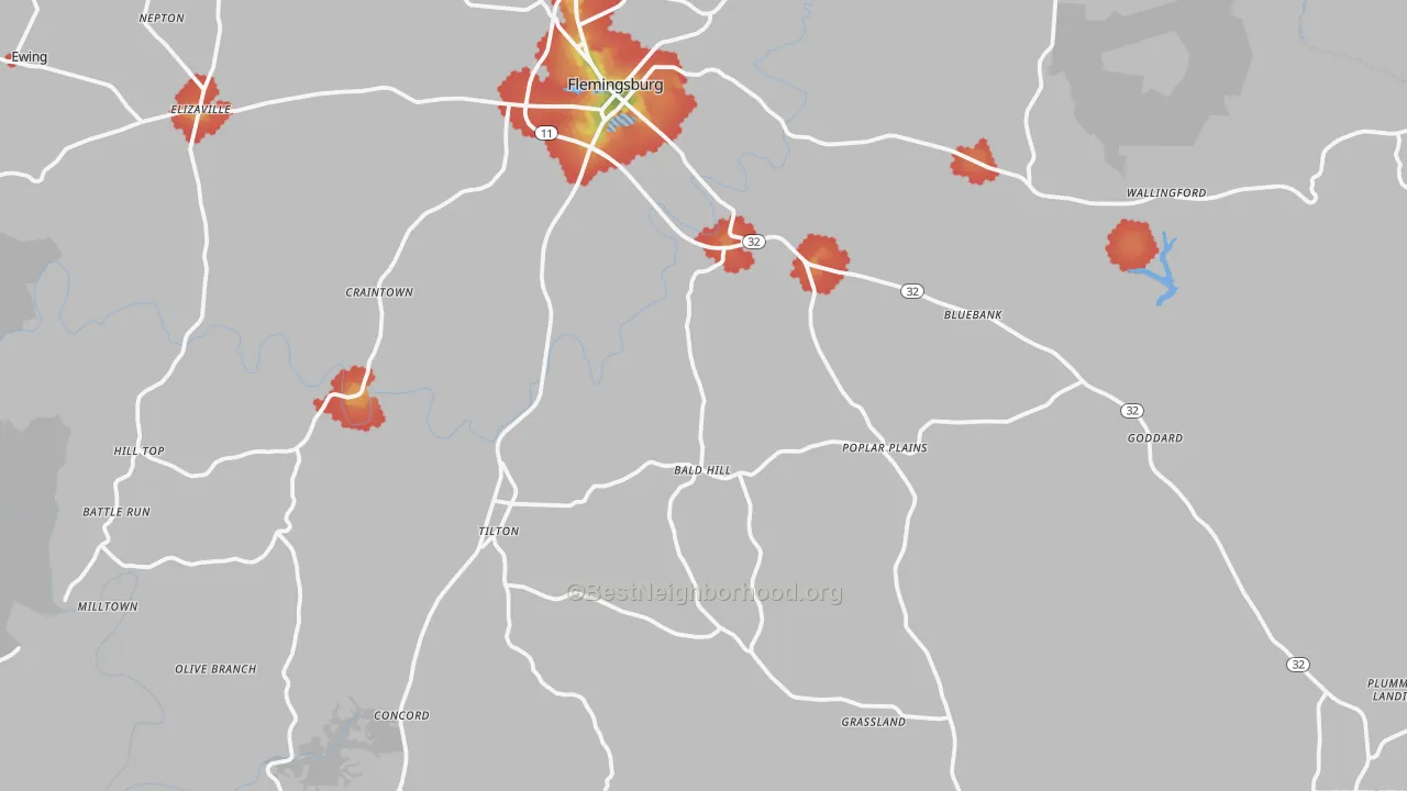 Walk Grade map of Concord, KY, walkable areas in green and car-dependent areas in red