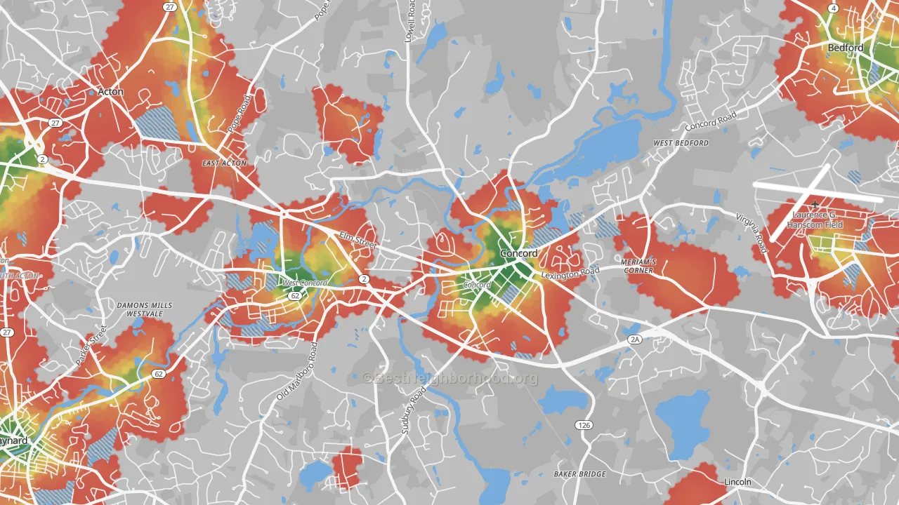 Walk Grade map of Concord, MA, walkable areas in green and car-dependent areas in red