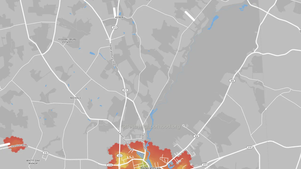 Walk Grade map of Concord, MD, walkable areas in green and car-dependent areas in red