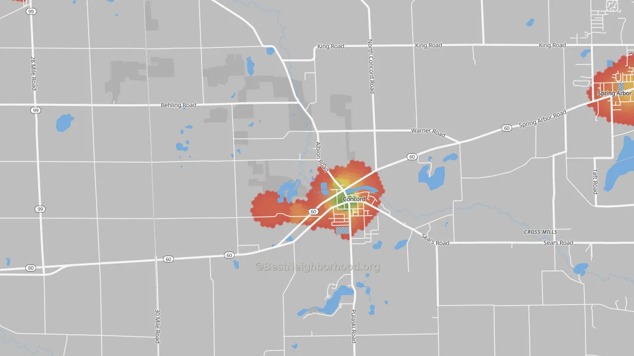 Walk Grade map of Concord, MI, walkable areas in green and car-dependent areas in red