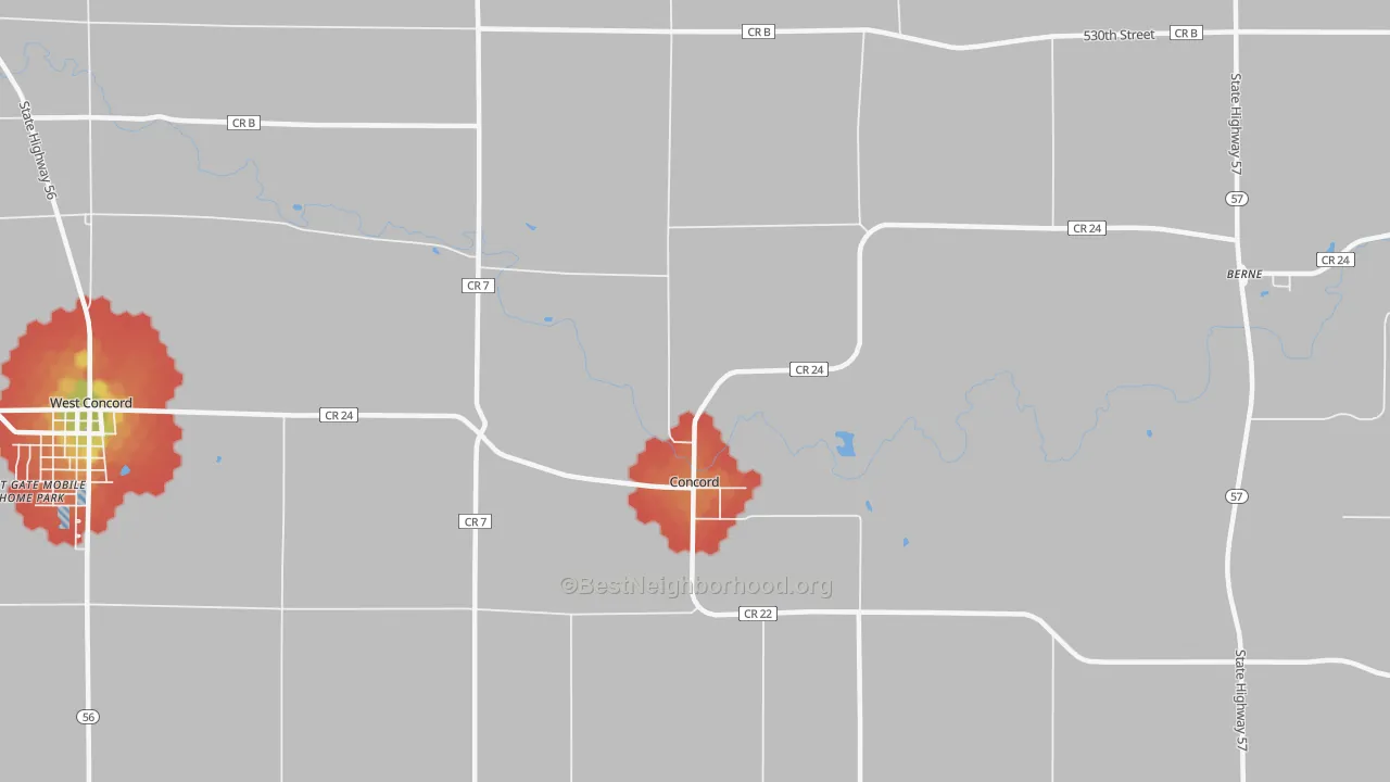 Walk Grade map of Concord, MN, walkable areas in green and car-dependent areas in red