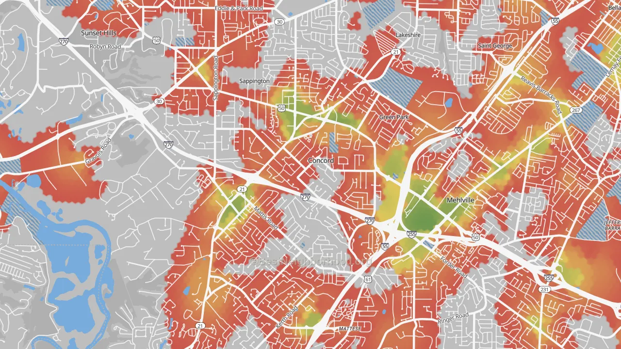 Walk Grade map of Concord, MO, walkable areas in green and car-dependent areas in red