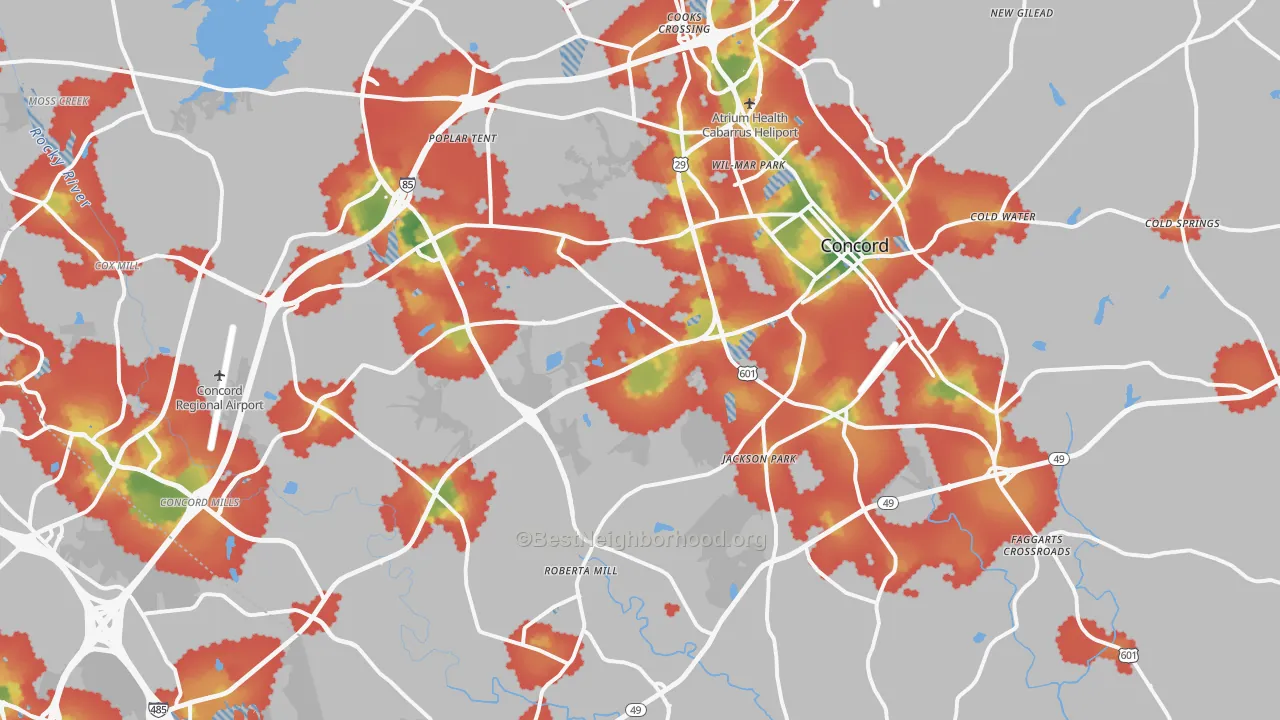 Walk Grade map of Concord, NC, walkable areas in green and car-dependent areas in red