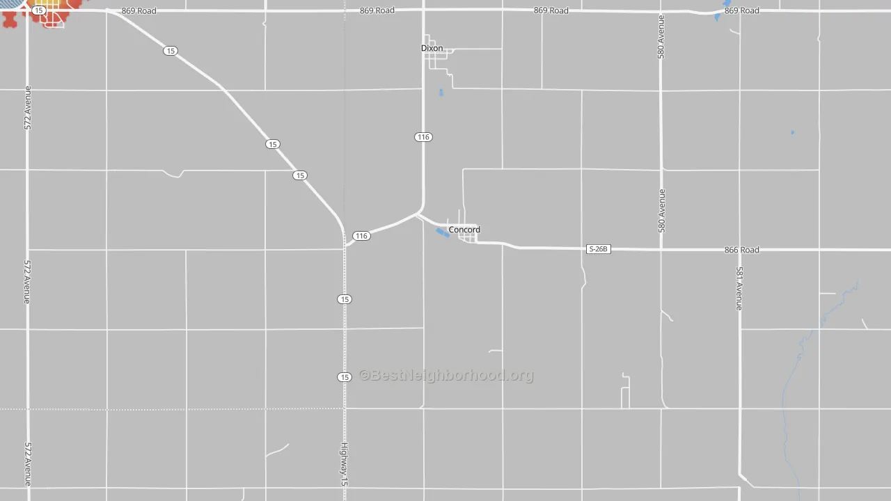 Walk Grade map of Concord, NE, walkable areas in green and car-dependent areas in red