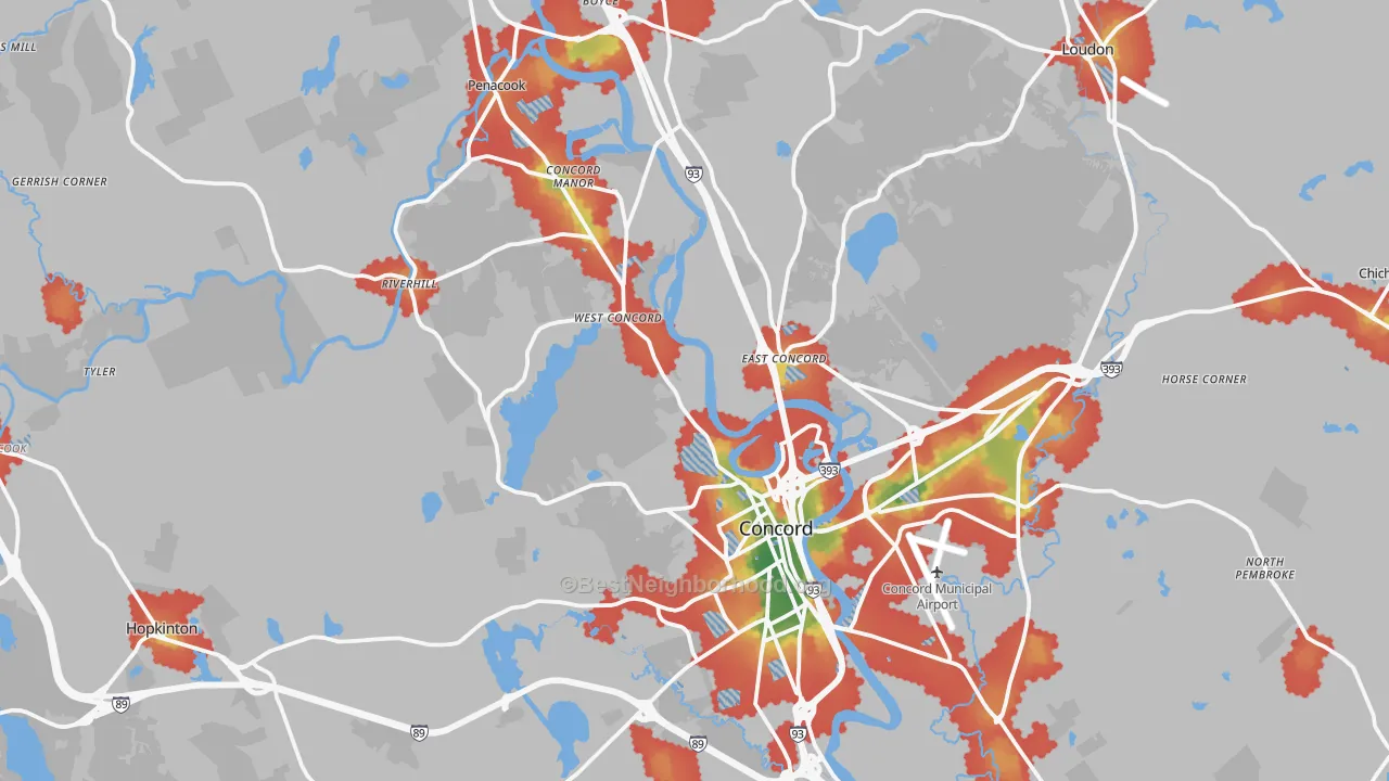 Walk Grade map of Concord, NH, walkable areas in green and car-dependent areas in red