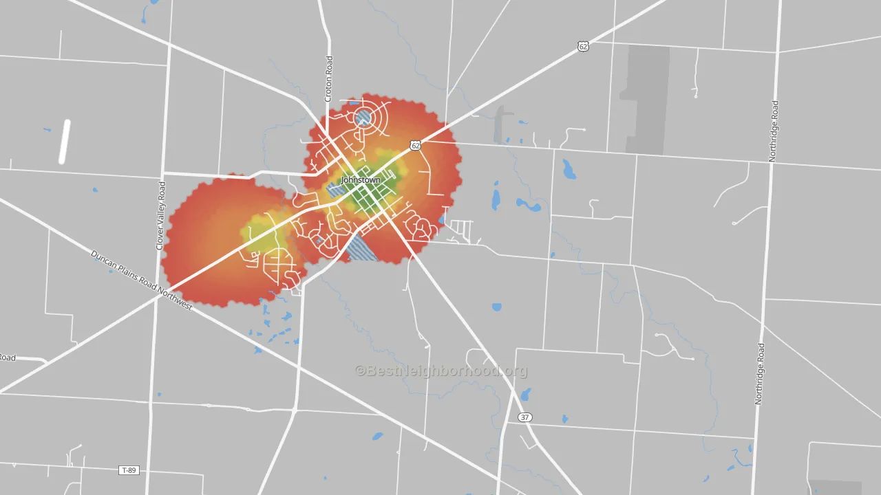 Walk Grade map of Concord, OH, walkable areas in green and car-dependent areas in red
