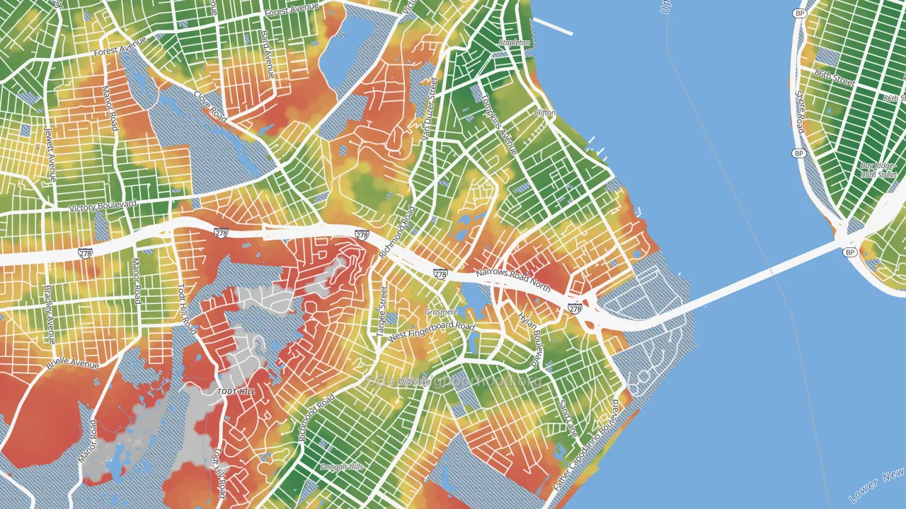 Walk Grade map of Concord, Staten Island, NY, walkable areas in green and car-dependent areas in red