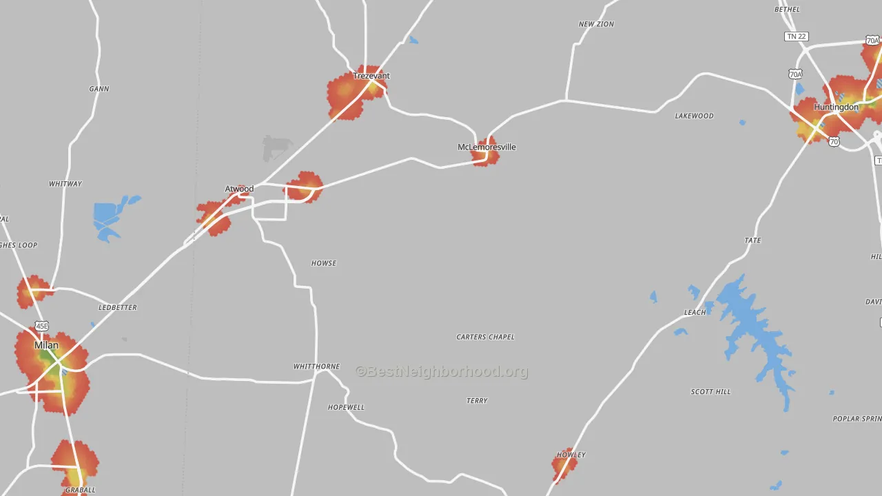 Walk Grade map of Concord, TN, walkable areas in green and car-dependent areas in red