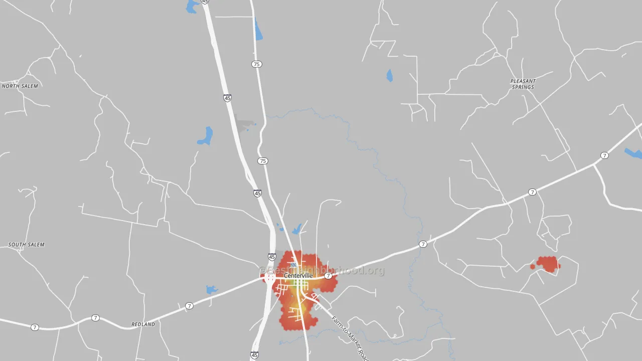 Walk Grade map of Concord, TX, walkable areas in green and car-dependent areas in red