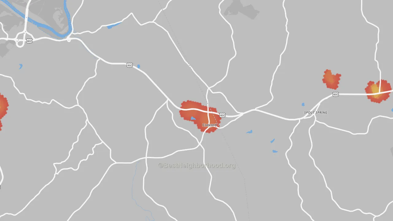 Walk Grade map of Concord, VA, walkable areas in green and car-dependent areas in red