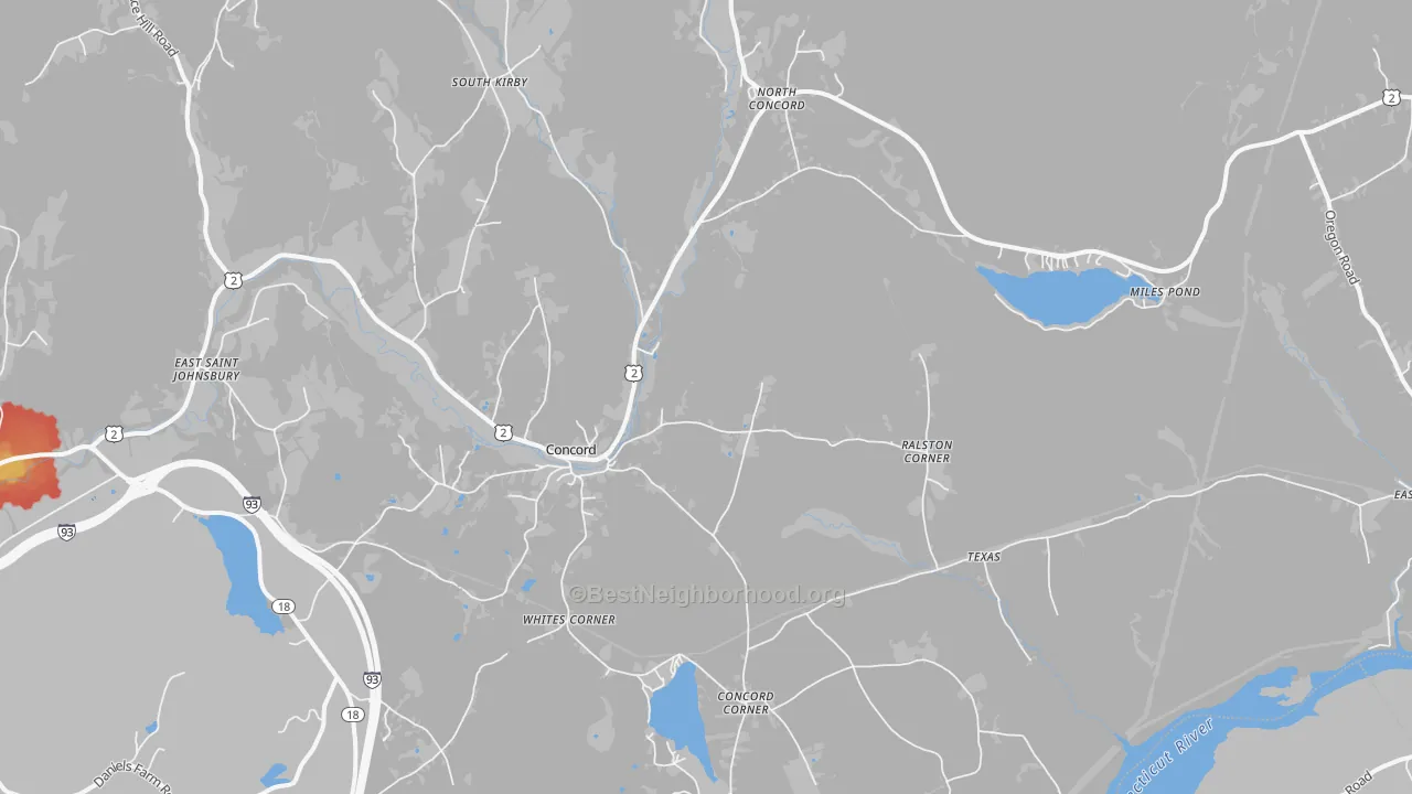 Walk Grade map of Concord, VT, walkable areas in green and car-dependent areas in red