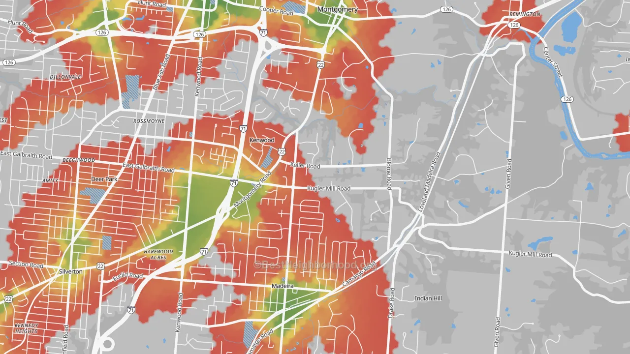 Walk Grade map of Concorde Hills, OH, walkable areas in green and car-dependent areas in red
