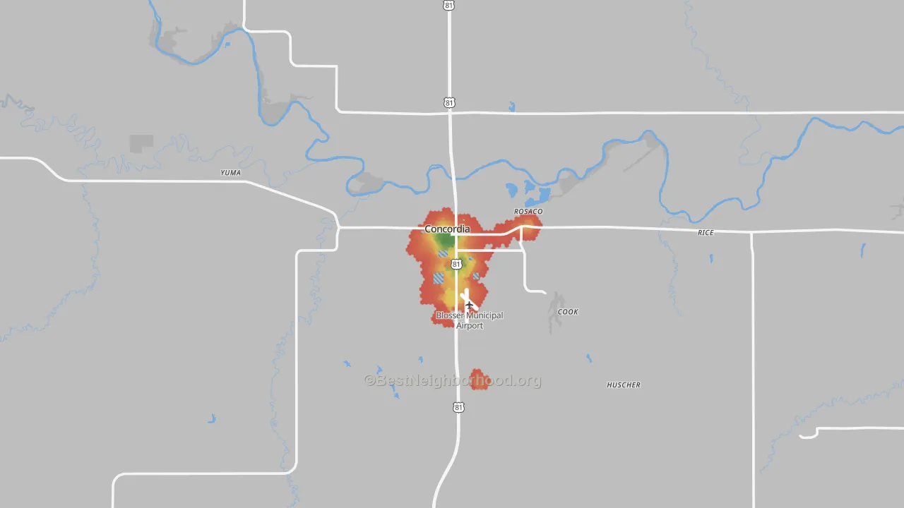 Walk Grade map of Concordia, KS, walkable areas in green and car-dependent areas in red