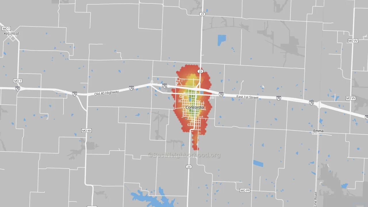 Walk Grade map of Concordia, MO, walkable areas in green and car-dependent areas in red