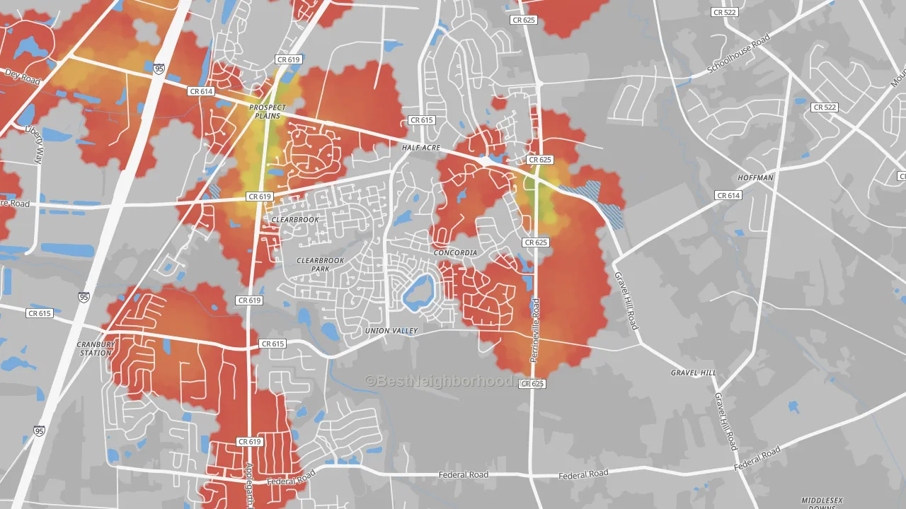 Walk Grade map of Concordia, NJ, walkable areas in green and car-dependent areas in red