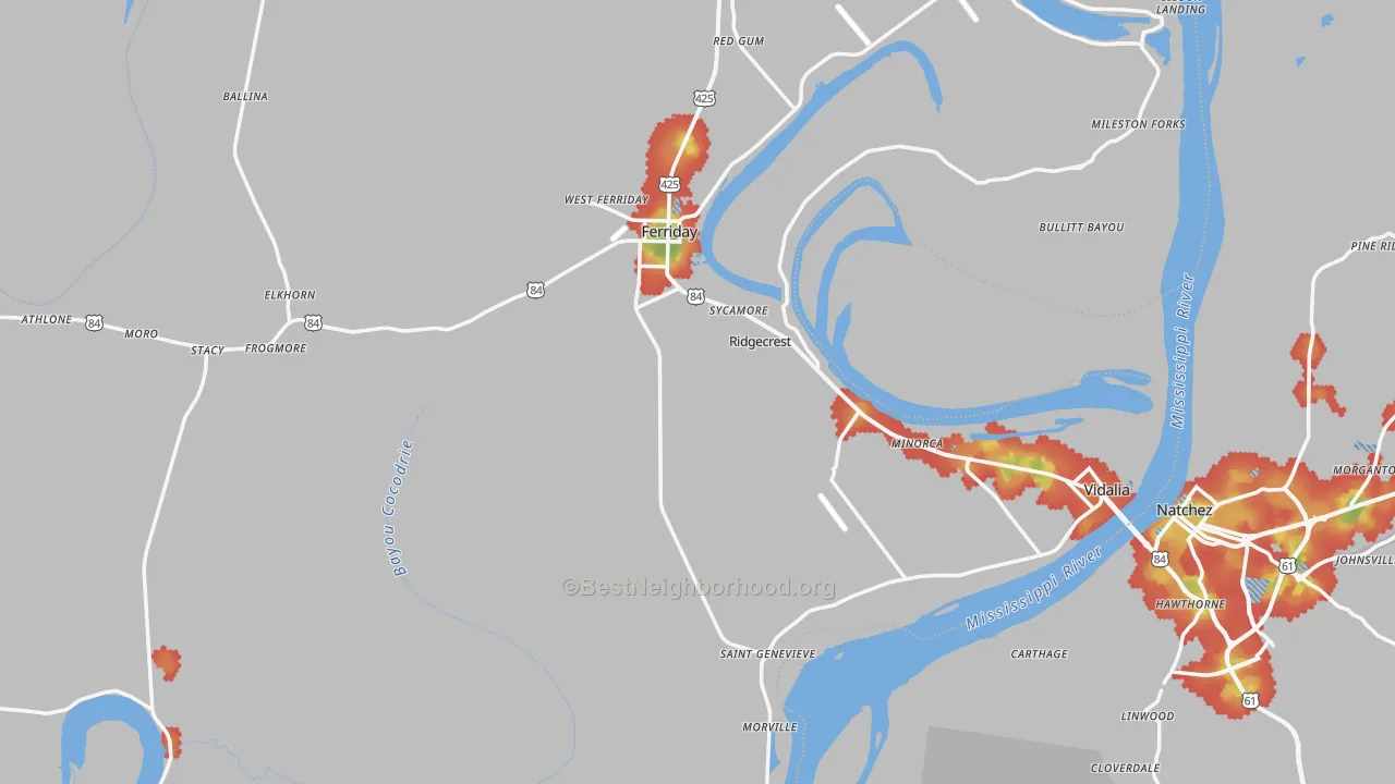 Walk Grade map of Concordia Parish, LA, walkable areas in green and car-dependent areas in red