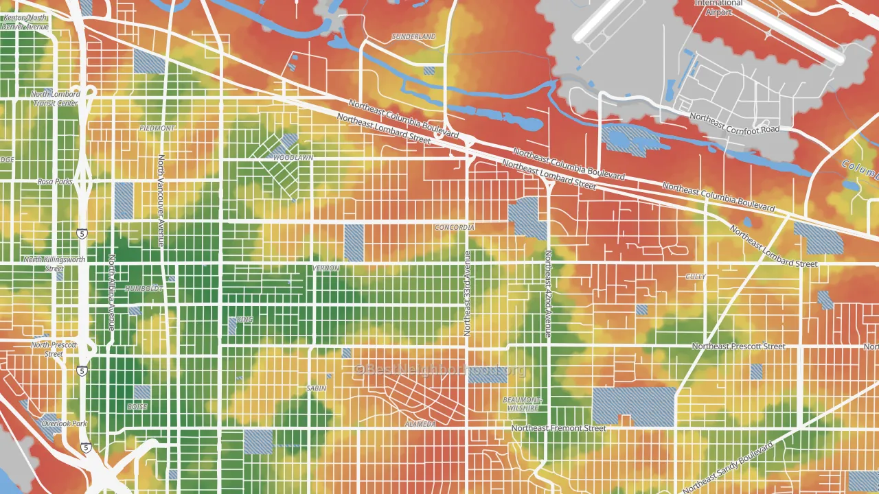 Walk Grade map of Concordia, Portland, OR, walkable areas in green and car-dependent areas in red