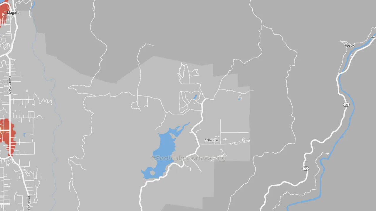 Walk Grade map of Concow, CA, walkable areas in green and car-dependent areas in red