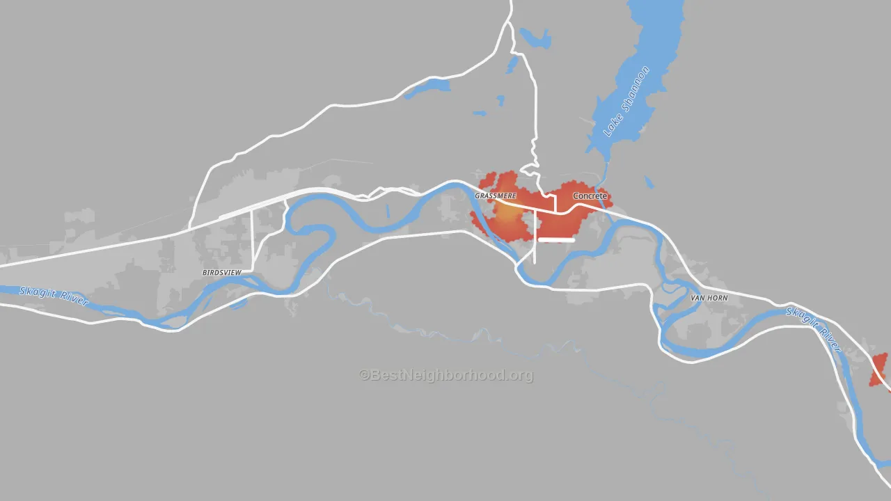 Walk Grade map of Concrete, WA, walkable areas in green and car-dependent areas in red