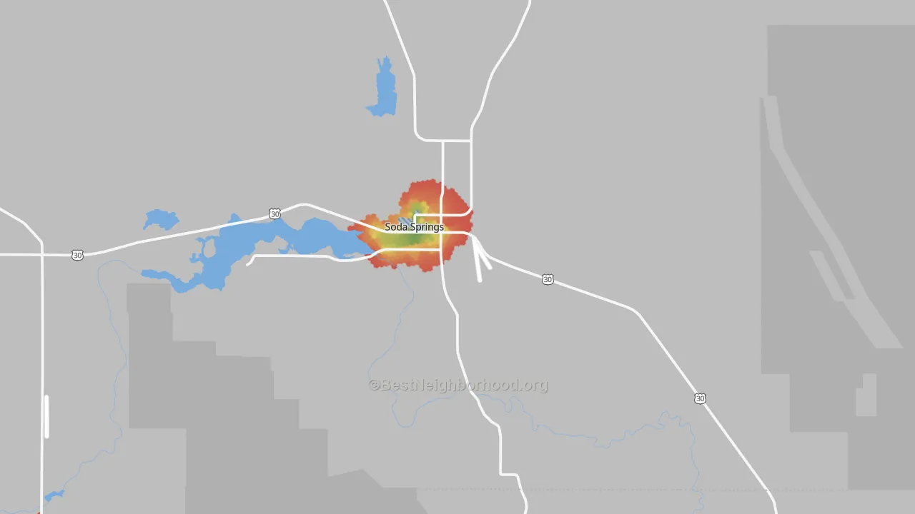 Walk Grade map of Conda, ID, walkable areas in green and car-dependent areas in red