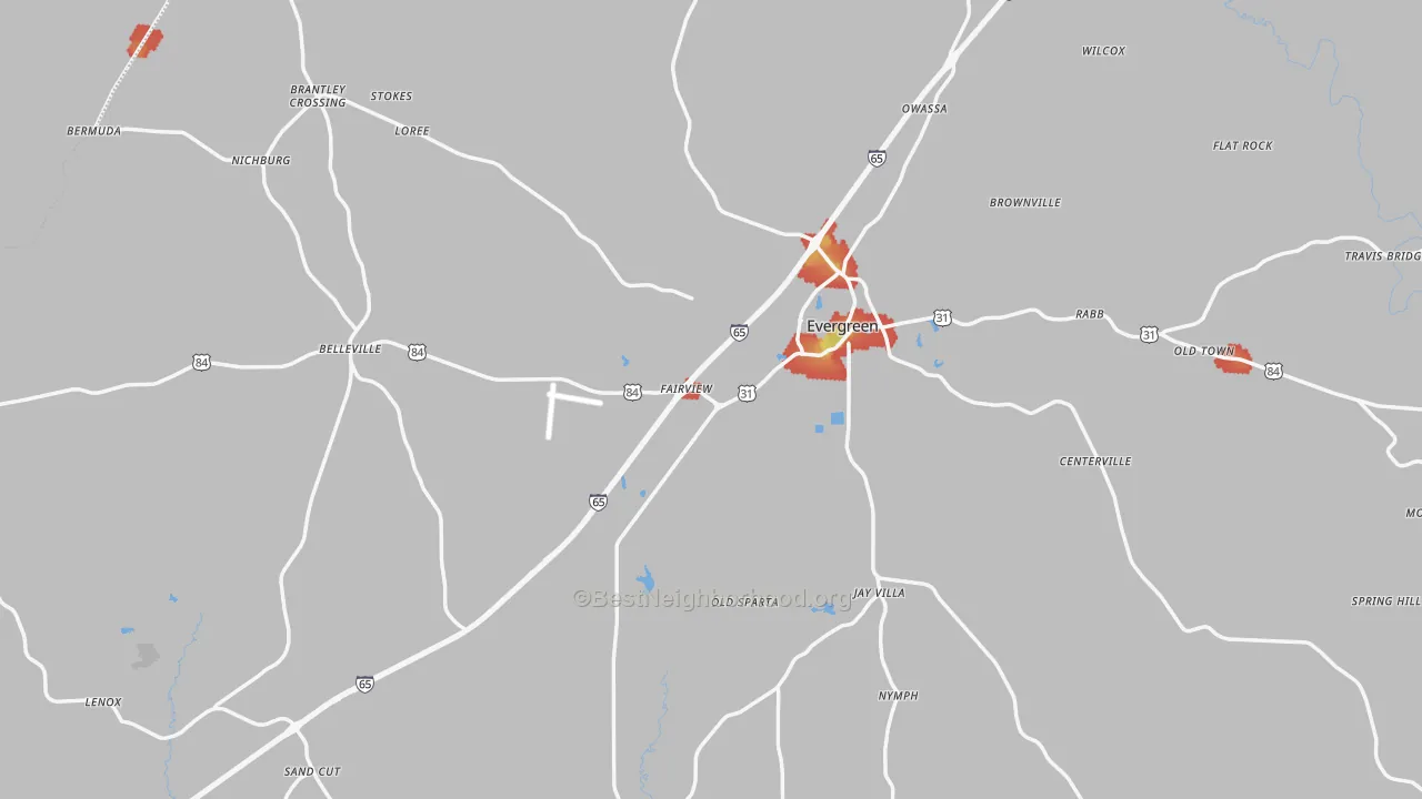 Walk Grade map of Conecuh County, AL, walkable areas in green and car-dependent areas in red