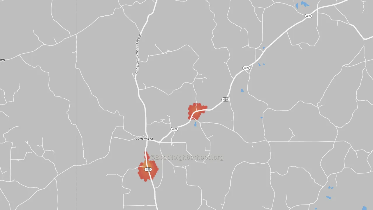 Walk Grade map of Conehatta, MS, walkable areas in green and car-dependent areas in red