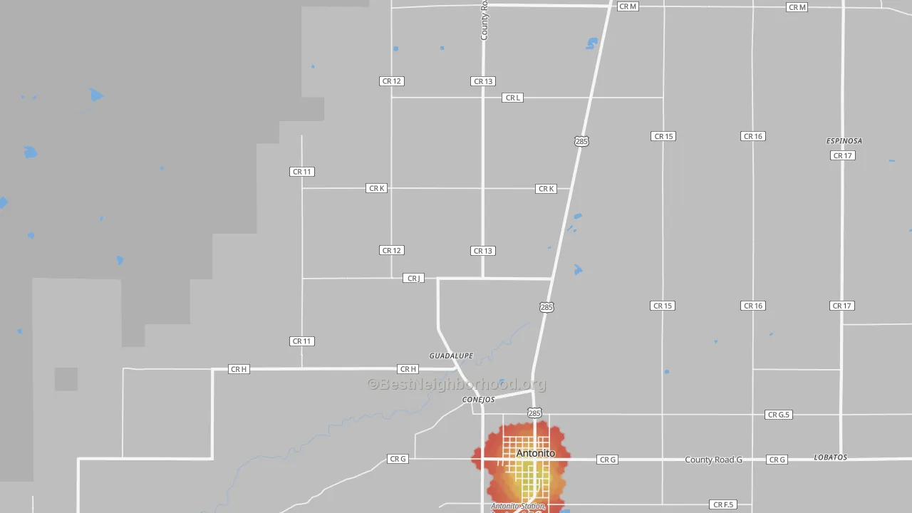 Walk Grade map of Conejos, CO, walkable areas in green and car-dependent areas in red
